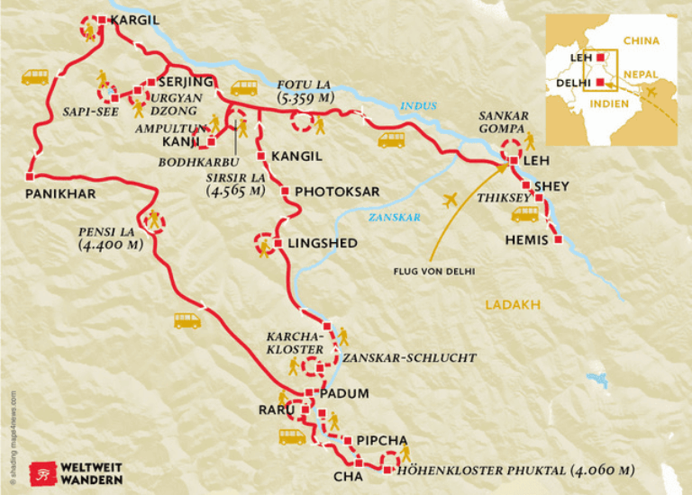 Karte Ladakh Route Zanskar
